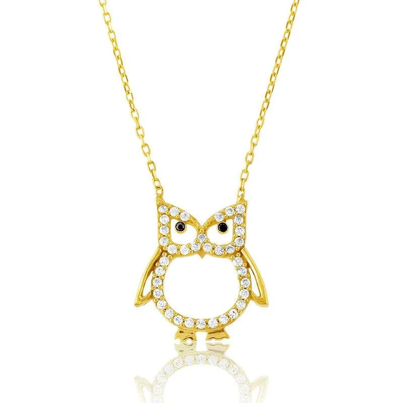 Stunning necklaces and pendants with birthstone pendants for a personal touch-Sterling Silver Gold CZ Open Owl Necklace