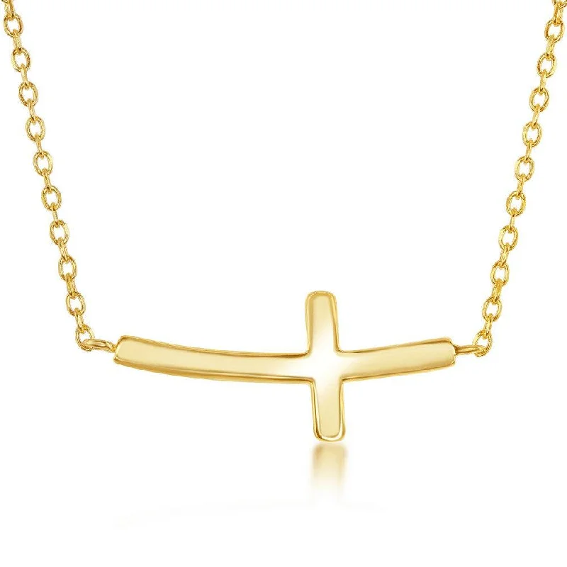 Best necklaces and pendants with emerald gemstones for a rich, sophisticated design-Sterling Silver Gold Plated Curved Sideways Cross Necklace