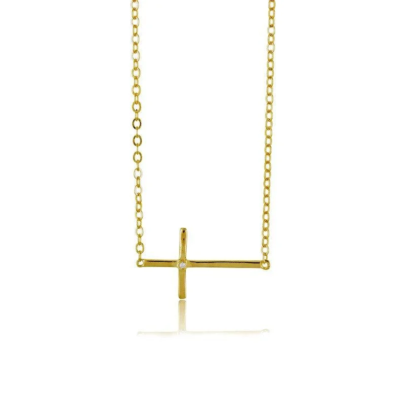 Best necklaces and pendants with opal and gold for a vibrant, luxurious contrast-Sterling Silver Gold Sideways Cross CZ Necklace