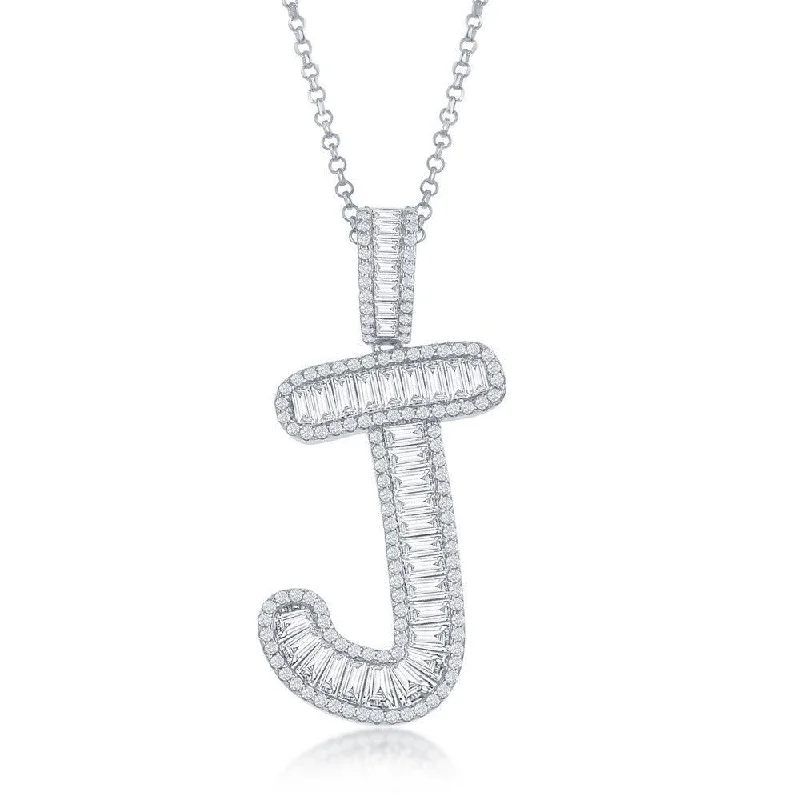 Beautiful necklaces and pendants with gemstone teardrops for an elegant effect-Sterling Silver J Initial Baguette CZ Pendant Chain