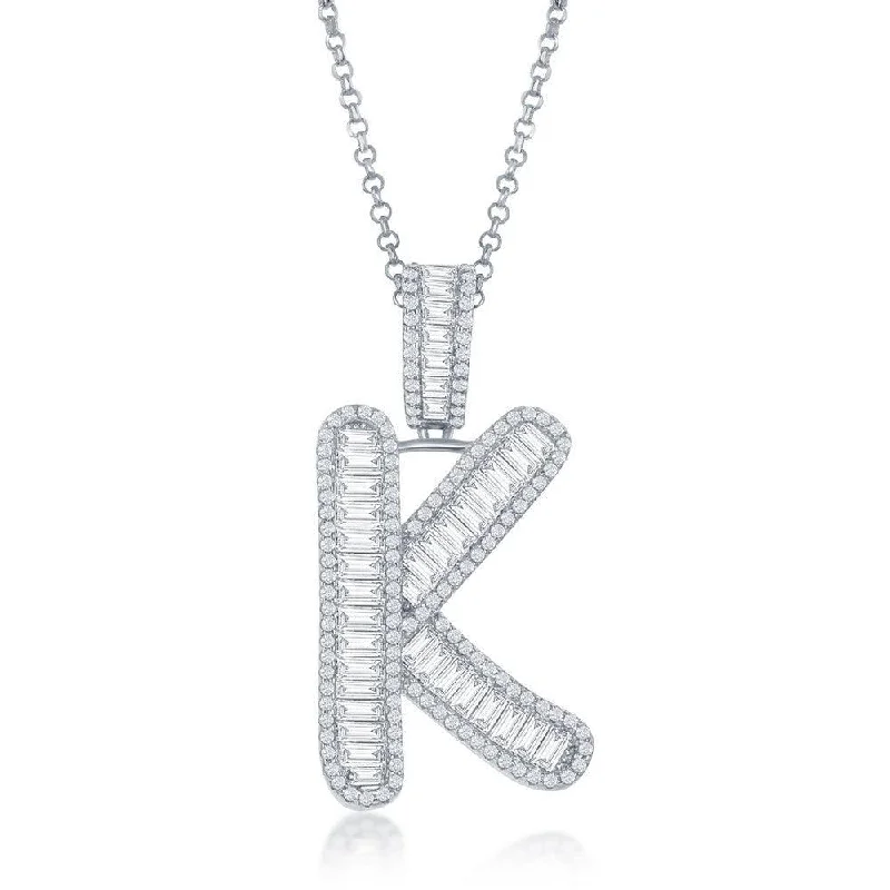 Unique necklaces and pendants with artistic shapes for a creative, one-of-a-kind design-Sterling Silver K Initial Baguette CZ Pendant Chain