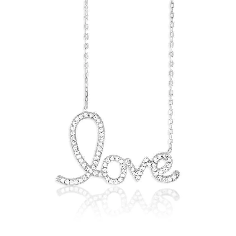 Necklaces and pendants with clear quartz for a pure and radiant look-Sterling Silver Large CZ LOVE Script Necklace