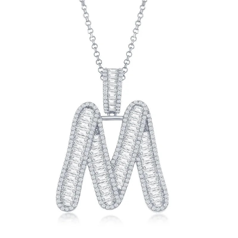 Necklaces and pendants with personalized charms for a custom piece of jewelry-Sterling Silver M Initial Baguette CZ Pendant Chain