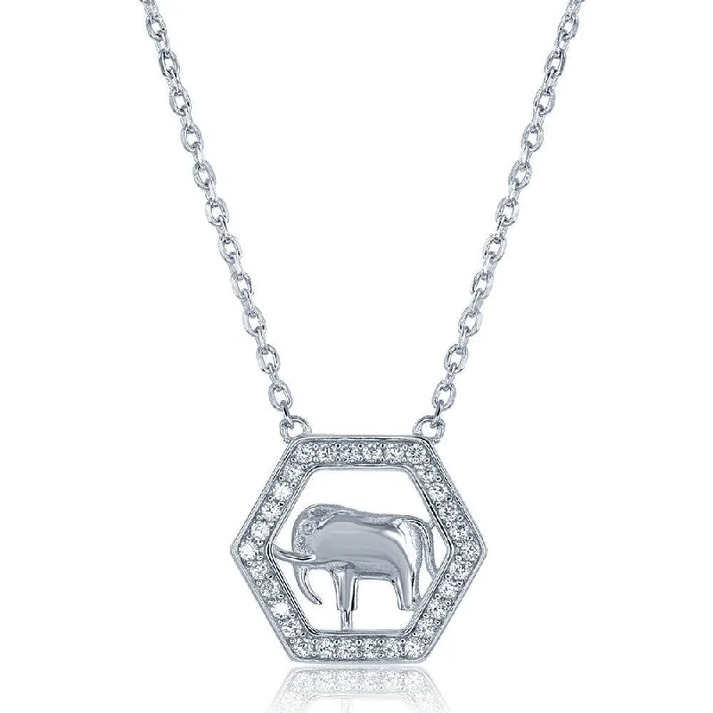 Necklaces and pendants with lock and key designs for a symbolic gesture-Sterling Silver Open CZ Hexagon with Center Elephant Necklace