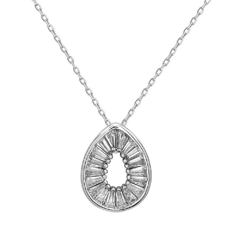 Trendy necklaces and pendants with statement pieces for a bold fashion statement-Sterling Silver Open Teardrop with Baguettes Necklace