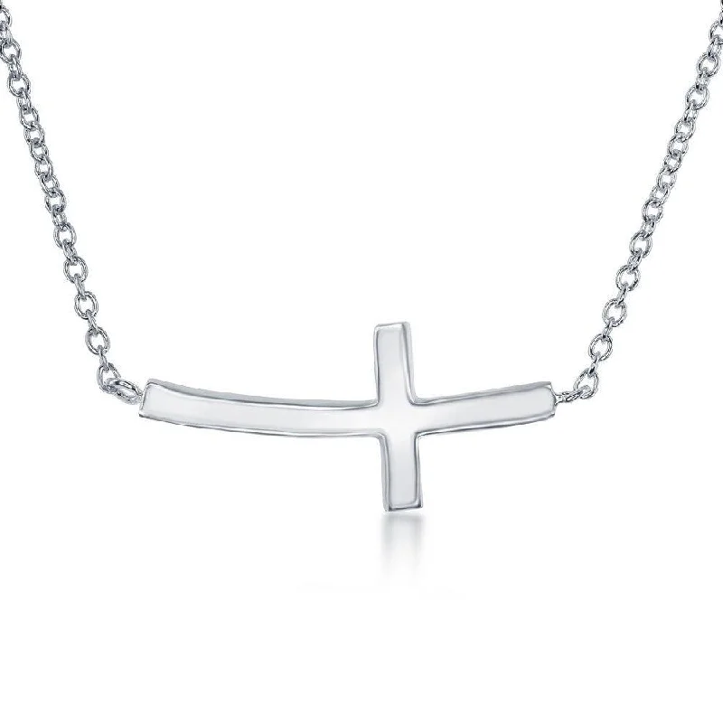 Best necklaces and pendants with cubic zirconia for a budget-friendly dazzling effect-Sterling Silver Rhodium Plated Curved Sideways Cross Necklace