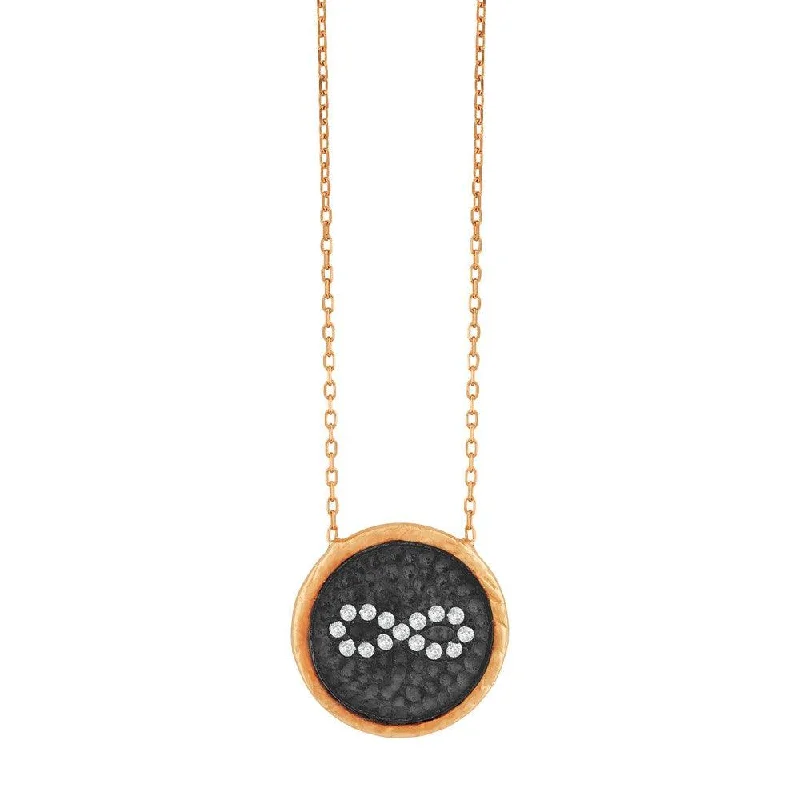 Necklaces and pendants with matching rings for a coordinated set of jewelry-Sterling Silver Rose Gold Plated Black Disc CZ Infinity Necklace