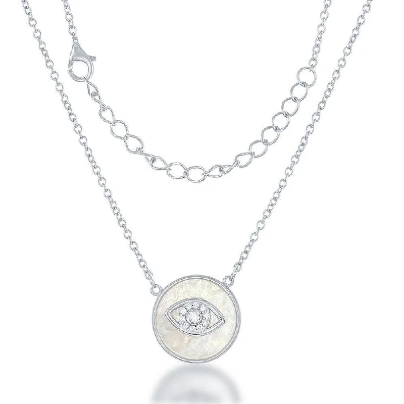 Unique necklaces and pendants with custom birthstone arrangements for personalization-Sterling Silver Round MOP CZ Evil Eye Necklace