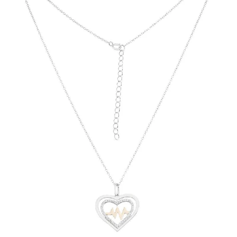 Beautiful necklaces and pendants with natural stones for an earthy, organic vibe-Sterling Silver Shiny and CZ Open Heart with Center Heartbeat Necklace