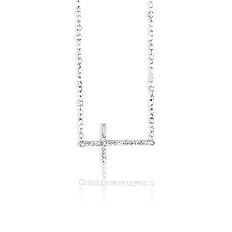 Necklaces and pendants with feather designs for a boho-chic, carefree vibe-Sterling Silver Sideways CZ Cross Design Necklace