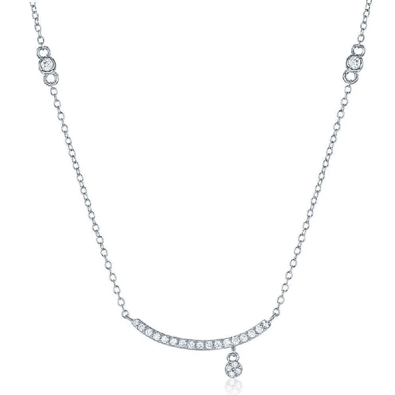 Layered necklaces and pendants for a trendy and fashionable stacked look-Sterling Silver Thin CZ Curved Bar with Charm Necklace