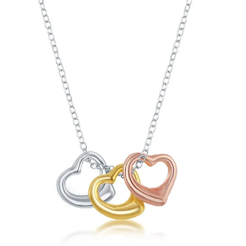 Necklaces and pendants with diamond pendants for a luxurious sparkling effect-Sterling Silver Tri-Color Puffed Hearts Necklace