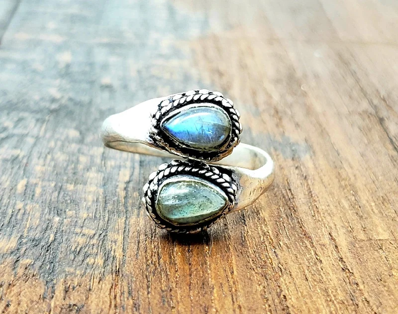 Rose gold rings featuring delicate pearl inlays -Adjustable Labradorite Teardrop Ring