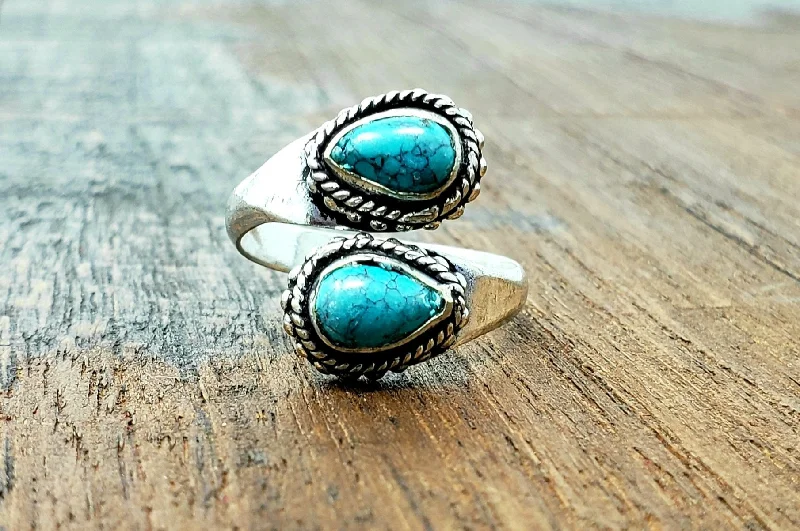 Gold rings with intricate celtic knot patterns -Adjustable Turquoise Teardrop Ring