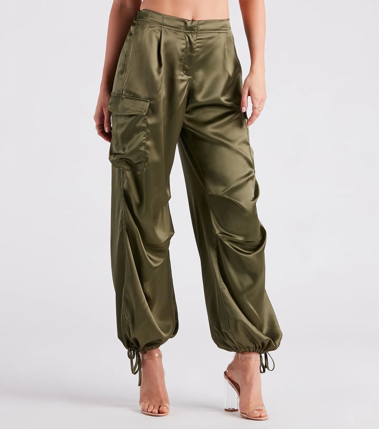 Rings with polished onyx for sleek contrast -Pulling Strings Satin High-Rise Cargo Pants