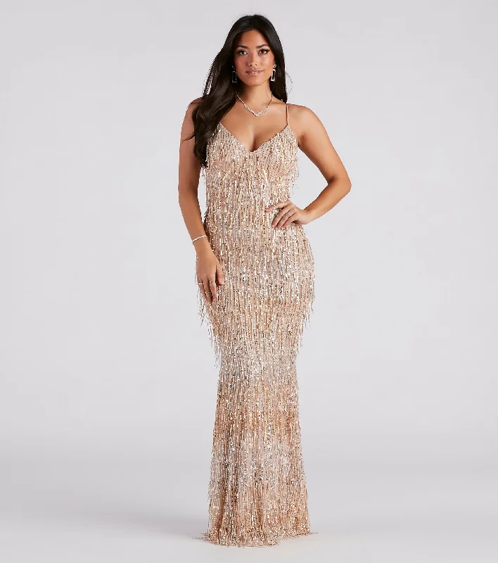 Rings with tiger eye bands for warmth -Rebekah Formal Sequin Fringe Mermaid Dress