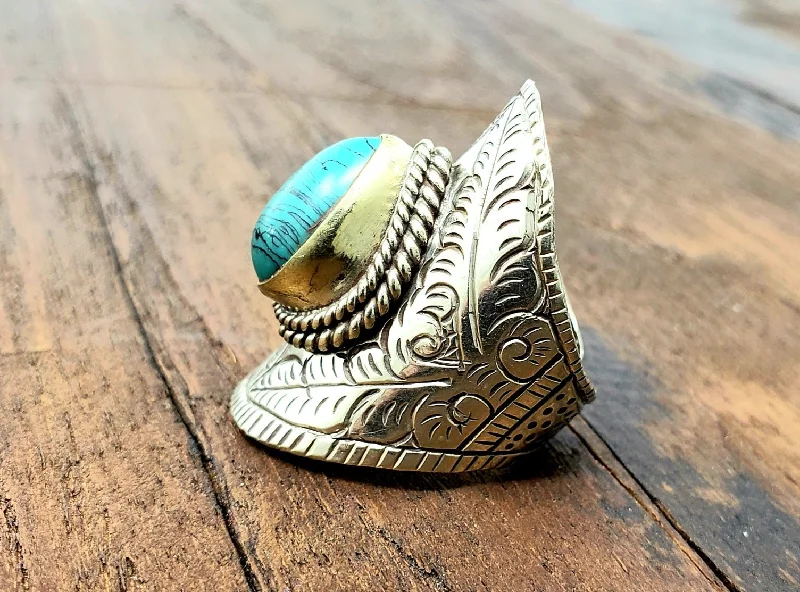 Rings with channel-set turquoise for color -Tibetan Turquoise Saddle Ring